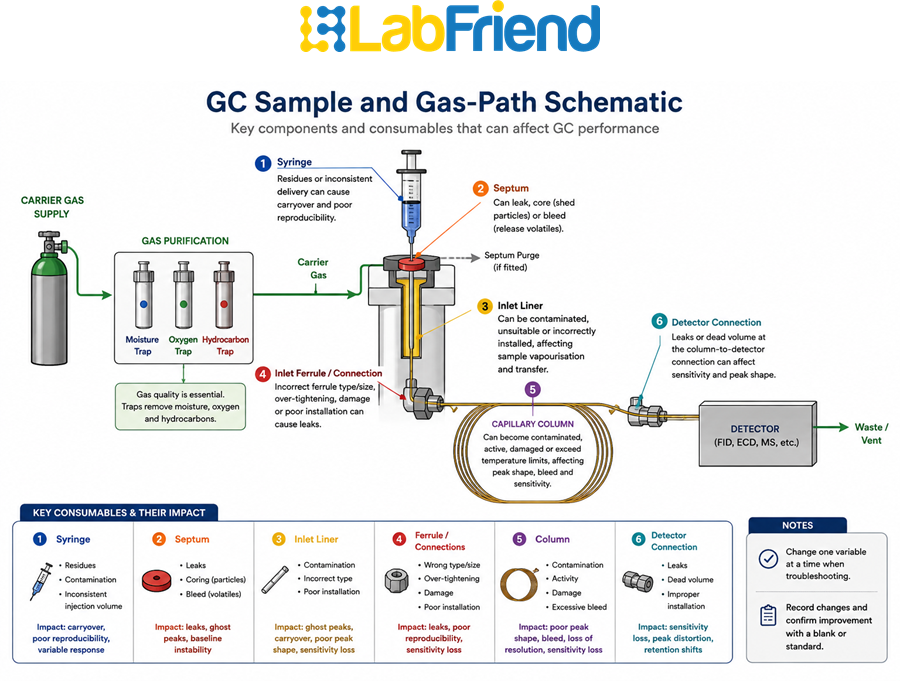 GC sample and gas-path diagram showing the syringe, septum, inlet liner, ferrules, capillary column, detector and gas purification traps.