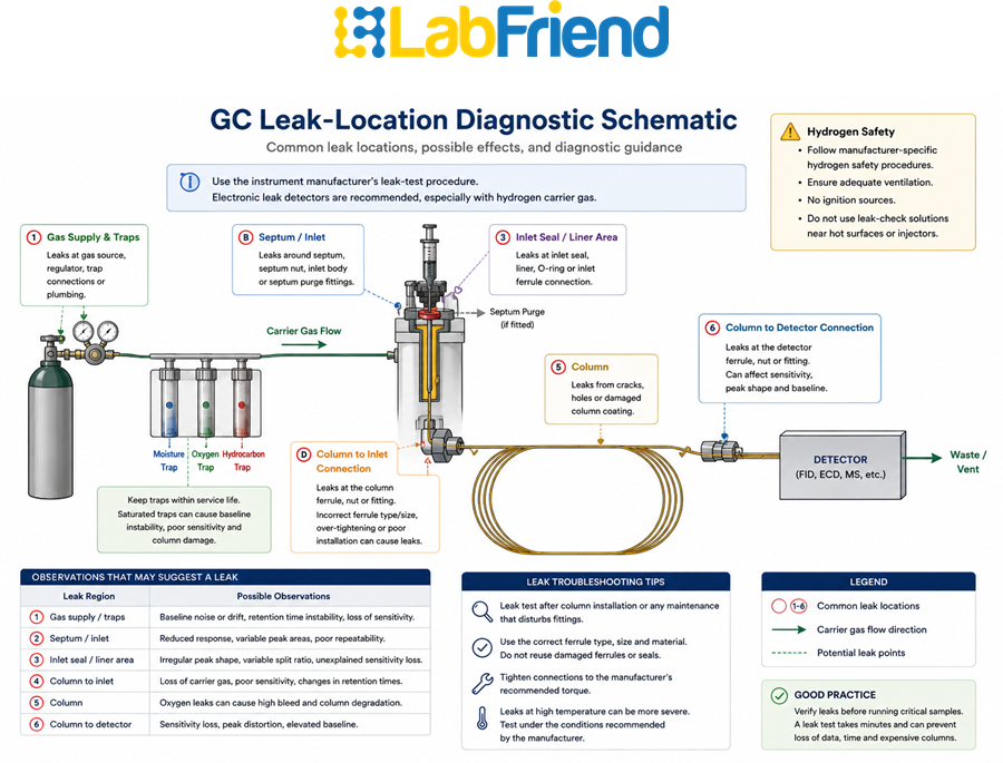 GC leak troubleshooting diagram showing potential leak locations at the gas supply, inlet septum, seals, ferrules, column connections and detector.