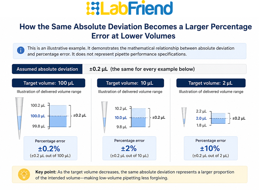 Comparison showing how the same absolute pipetting deviation represents a larger percentage error as transfer volume decreases from 100 µL to 10 µL and 2 µL.