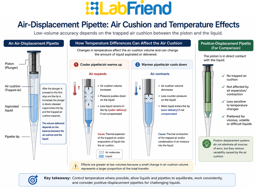 Diagram of an air-displacement pipette showing the piston, air cushion and liquid column and how temperature differences can influence low-volume liquid transfer.