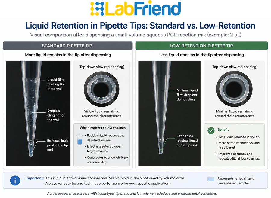 Qualitative comparison of pipette tips after dispensing, showing residual liquid droplets or film and reduced liquid retention.