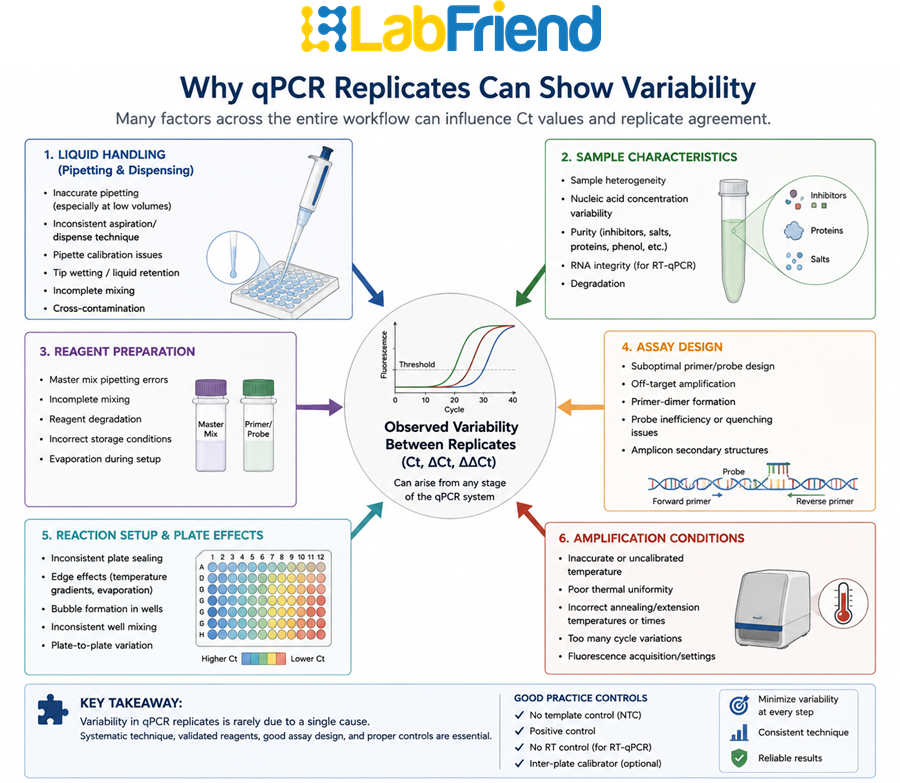 Diagram showing potential causes of qPCR replicate variability including liquid handling, sample characteristics, assay design, reagent preparation, reaction setup and amplification conditions.