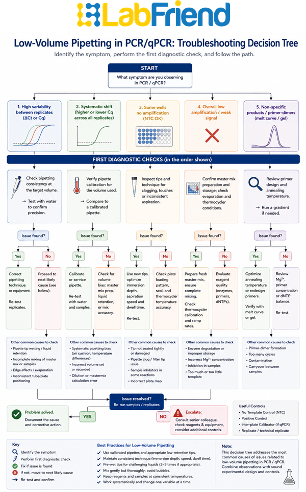 Decision tree for troubleshooting low-volume pipetting in PCR and qPCR based on observed symptoms and the appropriate first diagnostic checks.