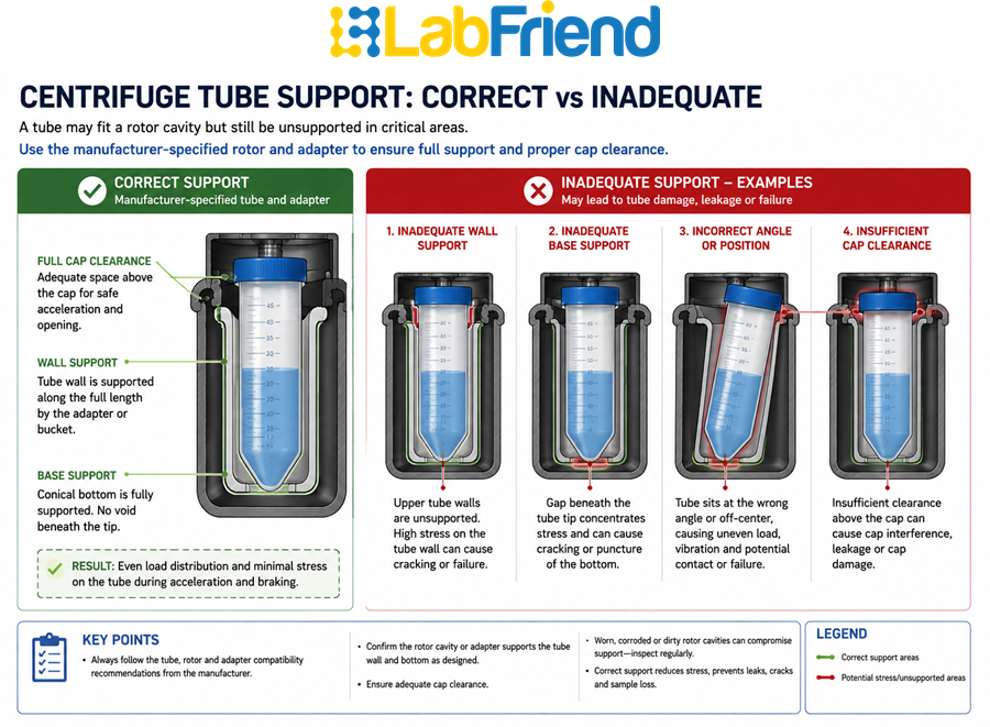 Comparison of a centrifuge tube correctly supported in a manufacturer-specified rotor adapter with examples of inadequate tube support and cap clearance.
