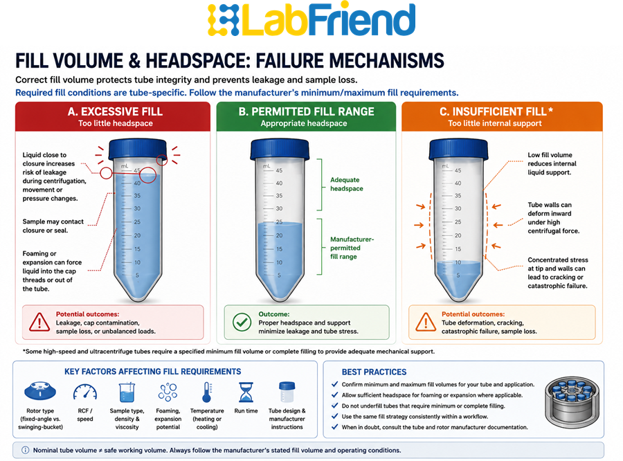 Diagram comparing excessive fill, manufacturer-permitted fill and insufficient fill in centrifuge tubes, showing potential leakage and tube stress risks.