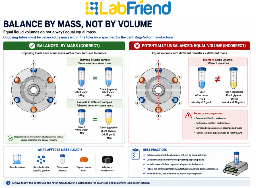 Diagram showing why opposing centrifuge tubes should be balanced by mass rather than assuming equal liquid volumes provide equivalent balance when sample densities differ.