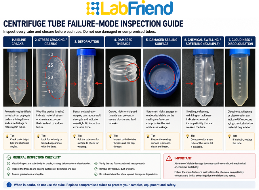 Visual inspection guide showing representative centrifuge tube defects including hairline cracks, stress cracking, deformation, damaged threads and damaged sealing surfaces.