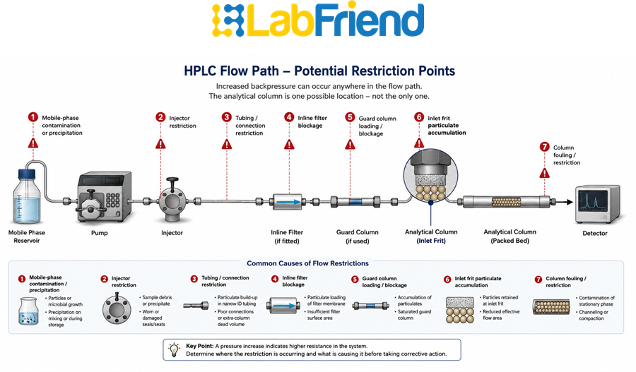 HPLC flow path showing potential restriction points including injector, tubing, inline filter, guard column and analytical column inlet frit