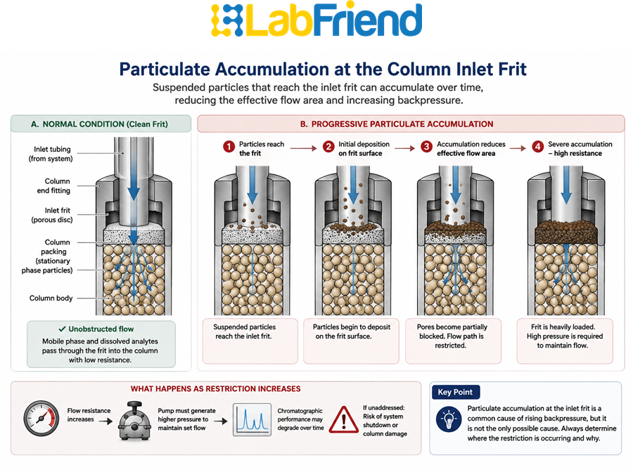 Cross-section comparing a clean HPLC column inlet frit with progressive particulate accumulation restricting mobile-phase flow.