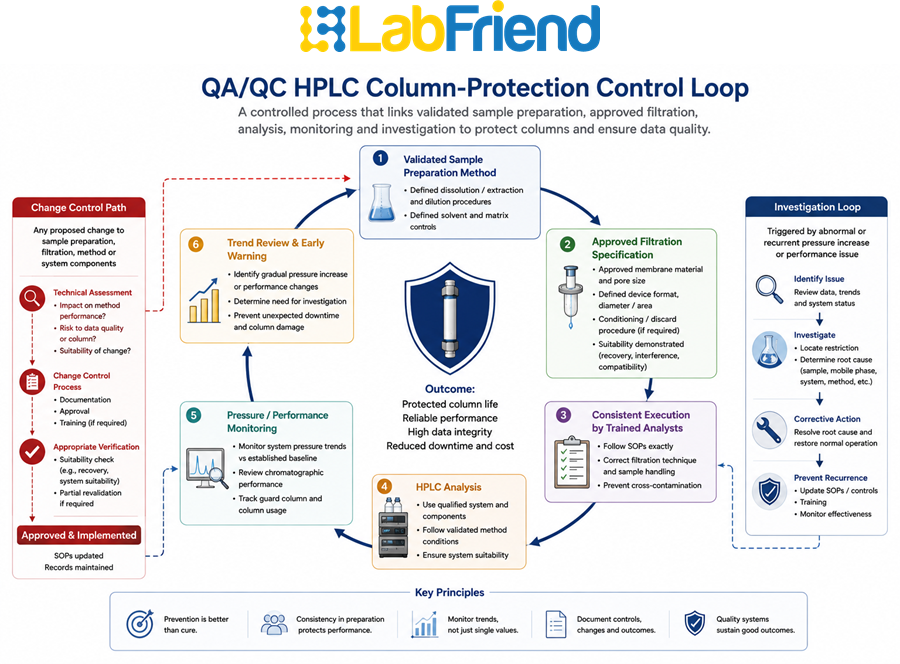 QA/QC HPLC column protection workflow linking validated sample preparation, approved filtration, analysis, pressure monitoring, investigation and change control