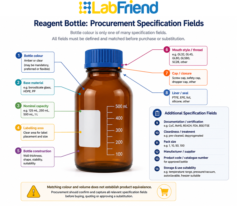Annotated reagent bottle showing procurement specification fields including colour, material, volume, thread, cap, liner, labelling area, product code and documentation.