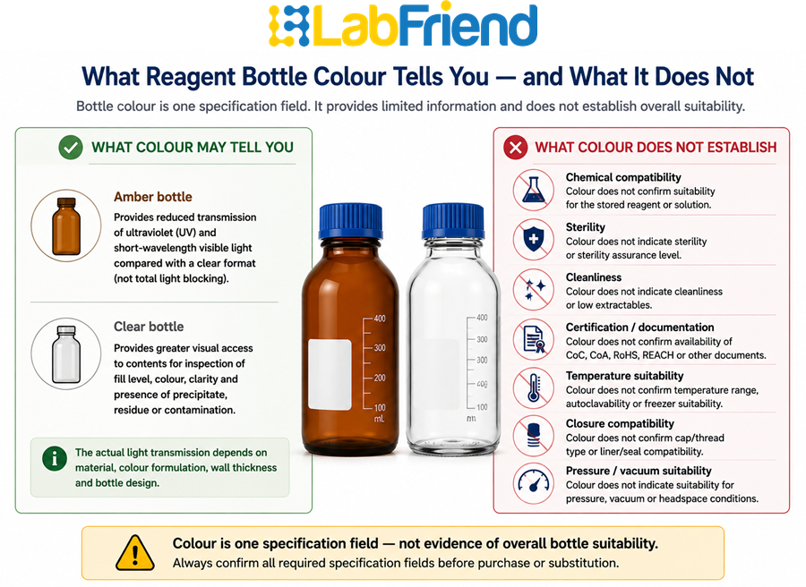 Comparison showing what amber or clear reagent bottle colour indicates and properties it does not establish, including chemical compatibility, sterility, cleanliness and certification.