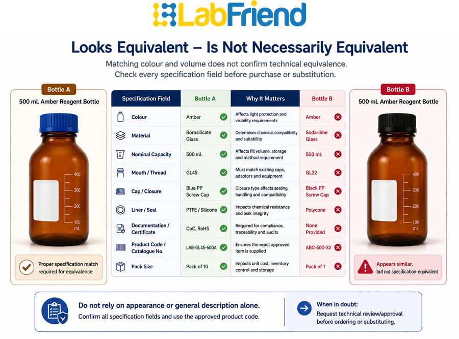 Comparison of visually similar reagent bottles showing why matching colour and volume do not establish technical equivalence for procurement.