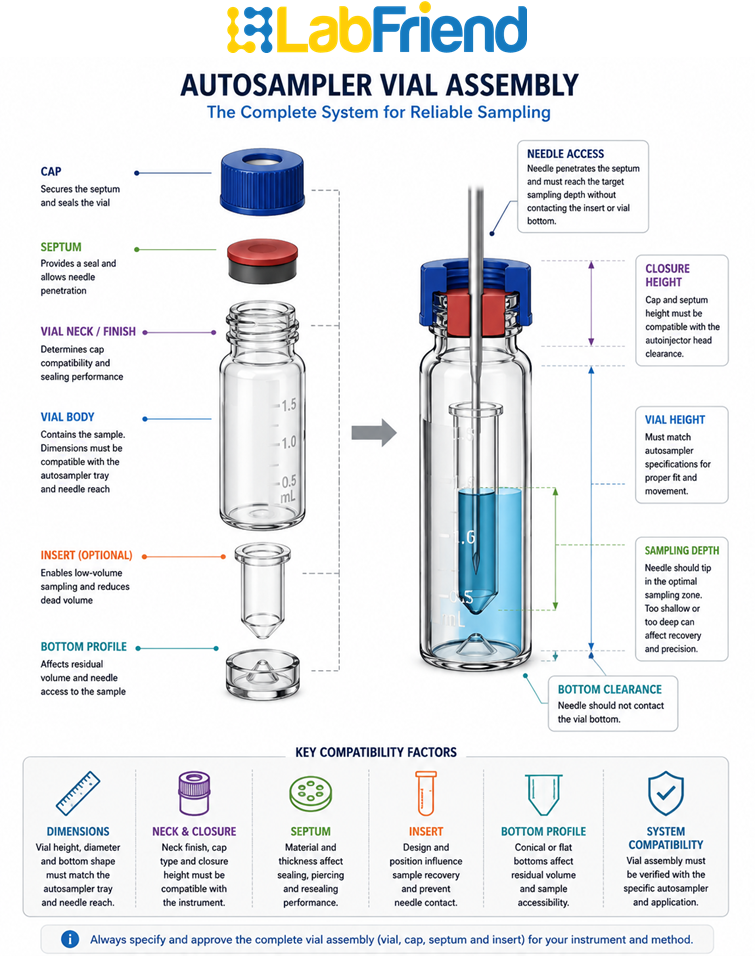Exploded diagram of an autosampler vial assembly showing the cap, septum, vial neck, vial body, insert, bottom profile and needle sampling depth.