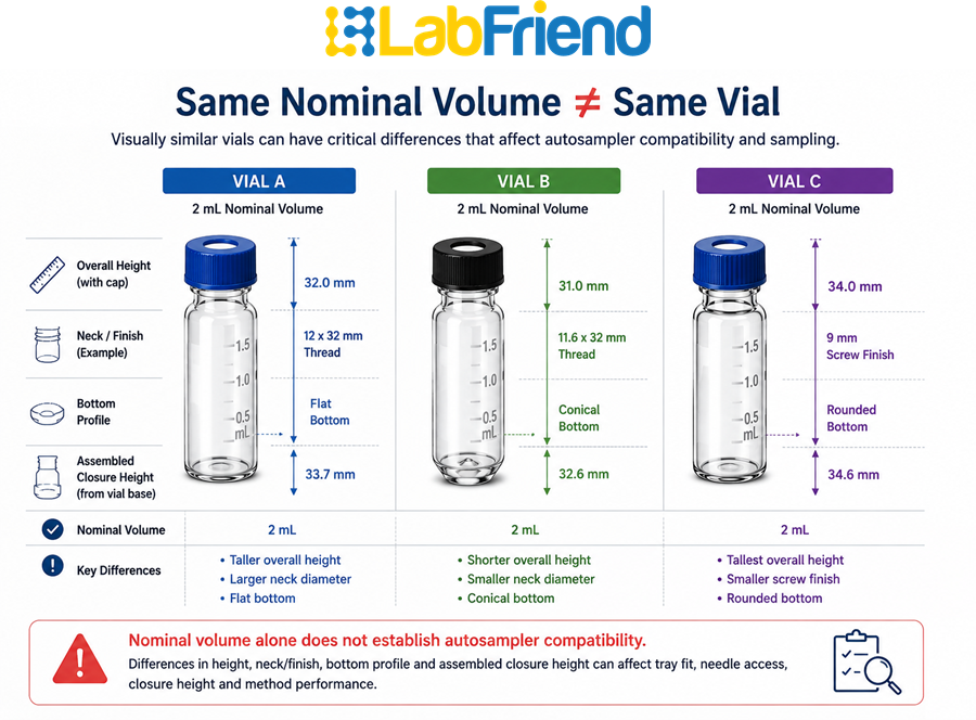 Comparison of nominally 2 mL autosampler vials showing differences in vial height, neck finish, bottom geometry and assembled closure height.
