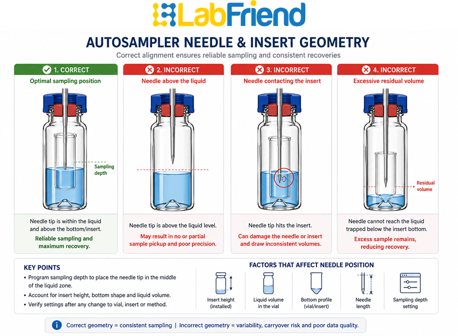 Cross-section comparison showing correct autosampler needle positioning, a needle above the liquid, needle contact with an insert and excessive residual sample volume.