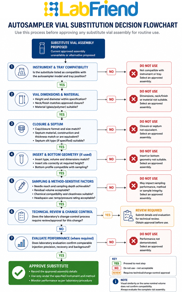 Decision flowchart for assessing a substitute autosampler vial assembly, including instrument compatibility, vial dimensions, closure, septum, insert and technical approval checks.