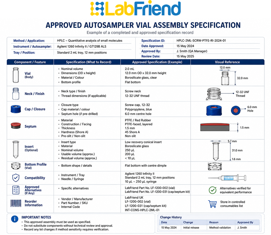 Example approved autosampler vial assembly specification recording instrument, vial dimensions, neck finish, cap, septum, insert, bottom profile and approved product identifiers.