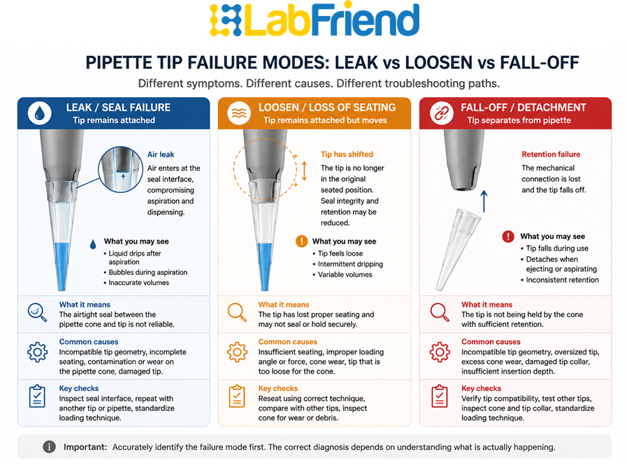 Comparison of pipette tip seal leakage, gradual loosening and complete tip detachment.