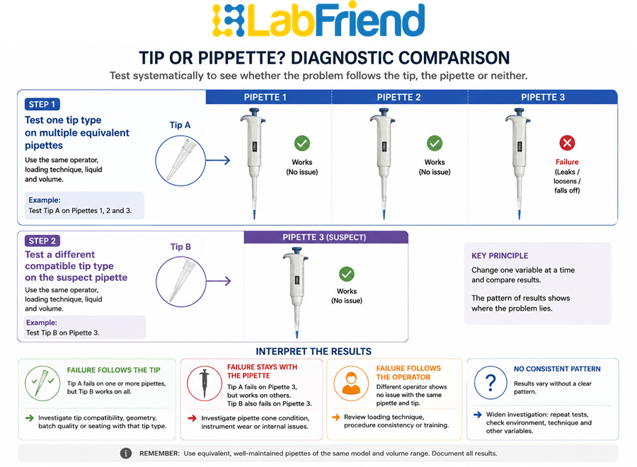 Diagnostic comparison showing how testing tips across equivalent pipettes can help identify whether a failure follows the tip or pipette.