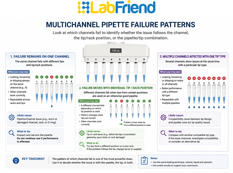 Multichannel pipette diagram showing channel-specific, tip-specific and widespread pipette tip failure patterns.