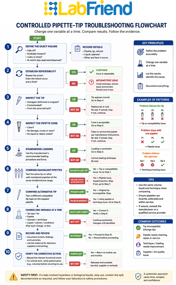 Step-by-step troubleshooting flowchart for investigating pipette tips that leak, loosen or fall off.