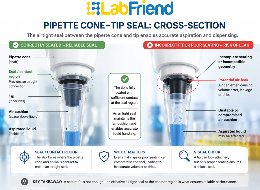 Cross-section showing a correctly seated pipette tip and the seal between the pipette cone and tip.