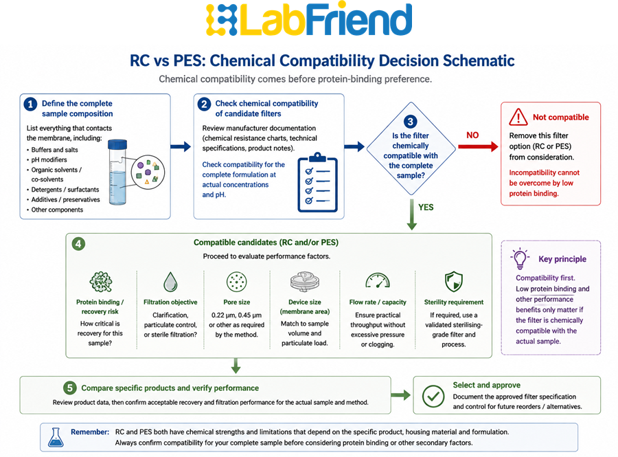 Decision diagram for selecting RC or PES filters by checking complete sample chemistry before protein binding and filtration performance.
