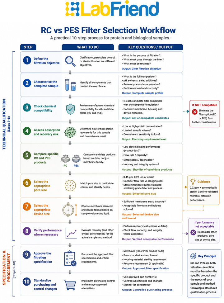Ten-step workflow for selecting RC or PES filters based on sample composition, compatibility, recovery, pore size, device size and technical qualification.