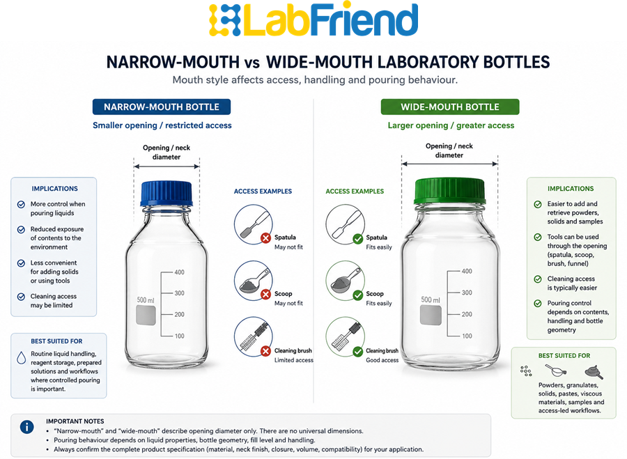 Side-by-side comparison of narrow-mouth and wide-mouth laboratory bottles showing differences in opening diameter and access