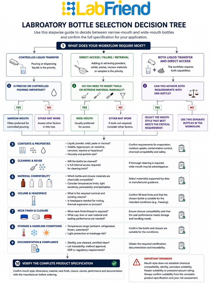 Decision tree for selecting narrow-mouth or wide-mouth laboratory bottles based on contents, transfer, access, cleaning and compatibility requirements