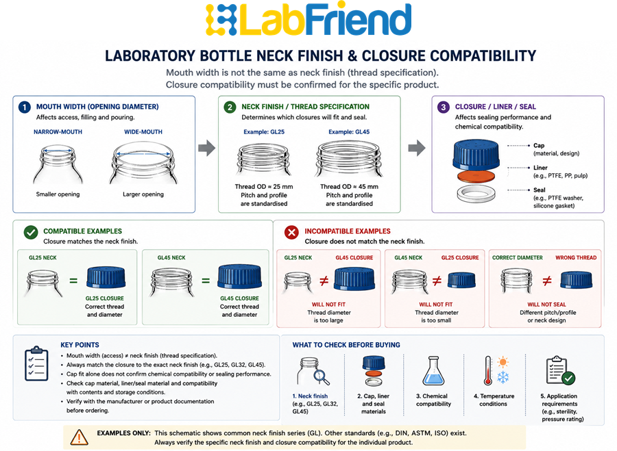 Laboratory bottle neck finish and closure compatibility schematic illustrating mouth width, thread specification and cap compatibility