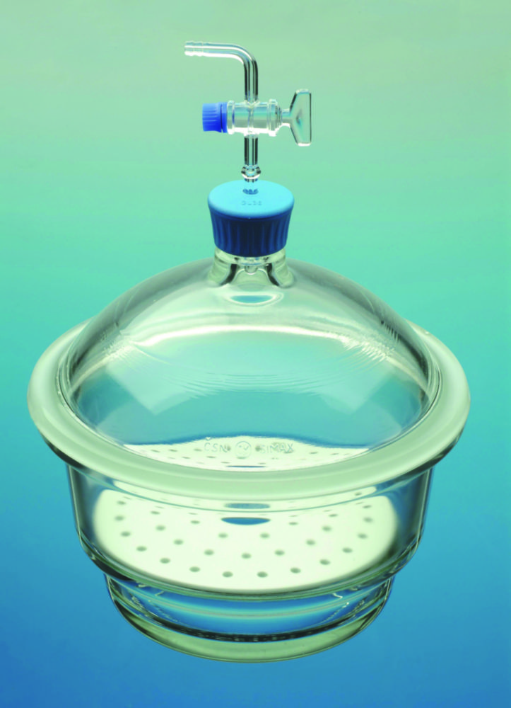Desiccator Ø 100 mm with plastic knob lid and porcelain plate, boro 3.3