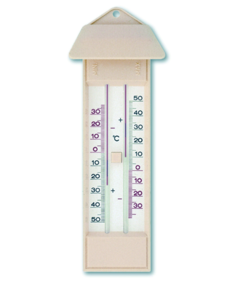 Maxima-Minima thermometer with push button, plasic, ivory, mercury-free