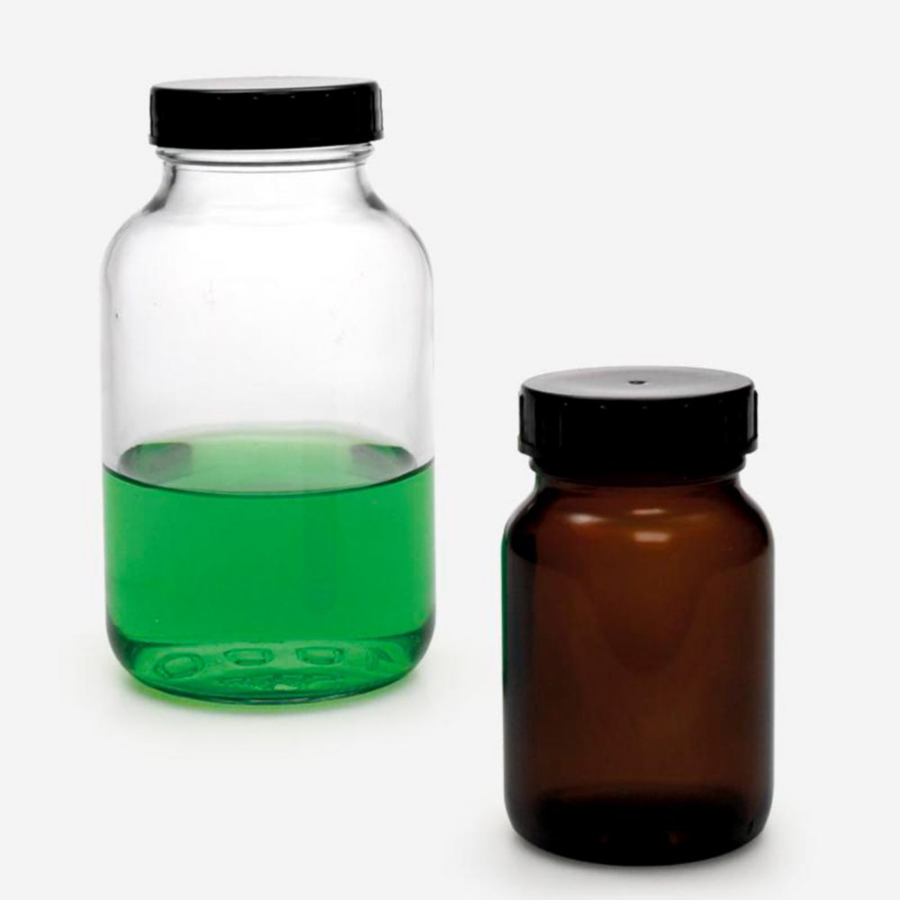 Wide Neck Bottles 50 ml, amber neck 32 mm, Ø 44 mm, H 75 mm, with PE screw cap, pack of 10