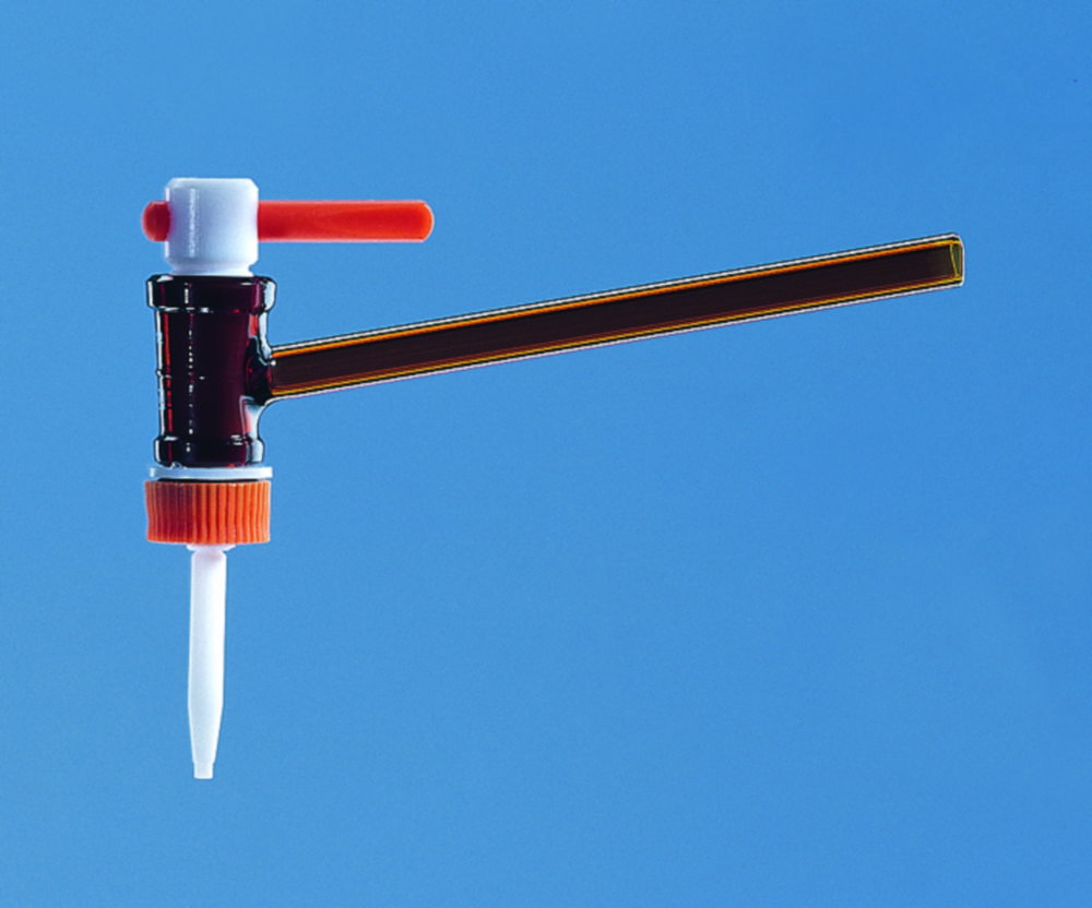 Burette tap, BISTABIL, amber glass Boro 5.3, straight stopcock, for burette capacity 25 ml, with PTFE plug