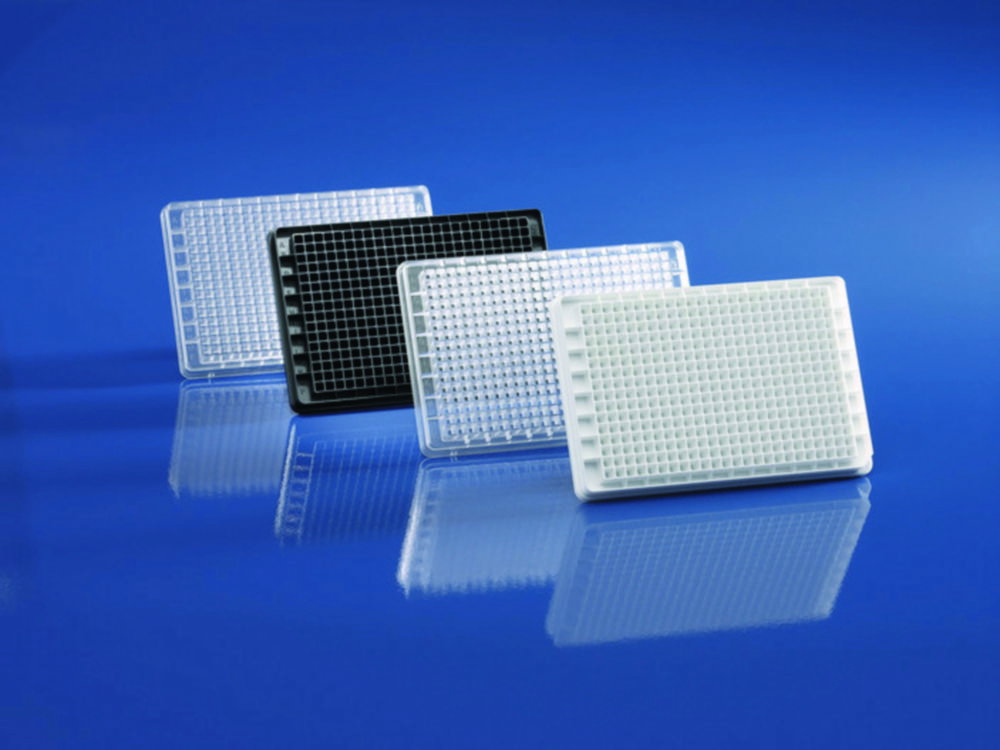 Microplates pureGrade S 384-well, PS, black, transparent bottom, F-bottom, sterile, with lid, pack of 50