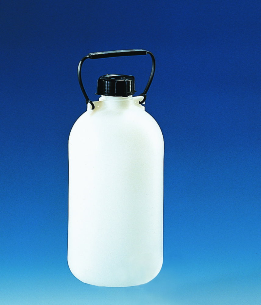 Storage bottle 10 l, PE-HD, narrow neck with screw cap and carrying handle, w/o stopcock, Ø 210mm, H 425mm, inner neck Ø 53mm