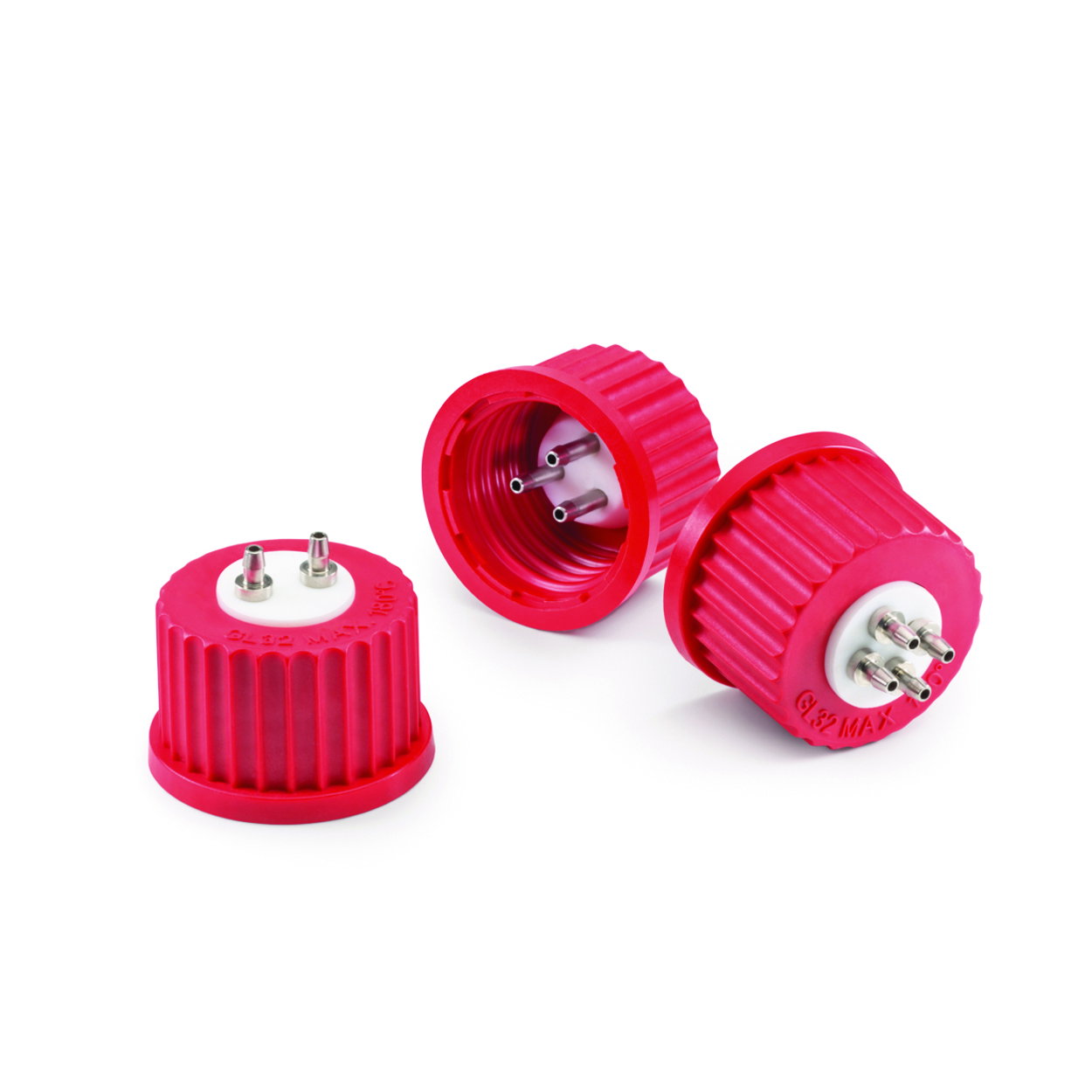 Connection system GL 45 red PBT screw cap with PTFE insert and 3-ports (stainless steel)