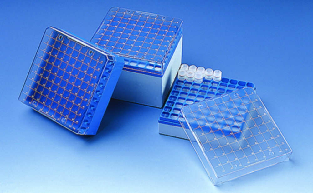 Storage box, PC, for 100 cryogenic tubes for 1.2 and 2 ml, stackable blue, autoclavable at 121°C (20 min) pack of 4
