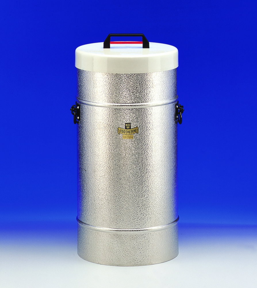 Dewar flask type 34 CAL 28 ltr, structure-aluminium-coating, carrying handle, cylindrical shape, with linen bag