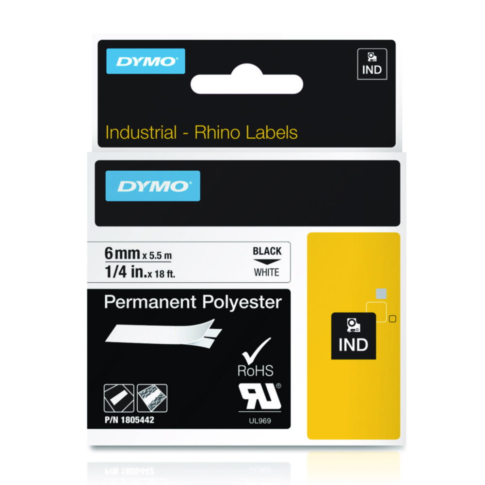 DYMO® Original IND-Tape for Rhino, 6mm x 5,5m, Permanent Polyester, black on white