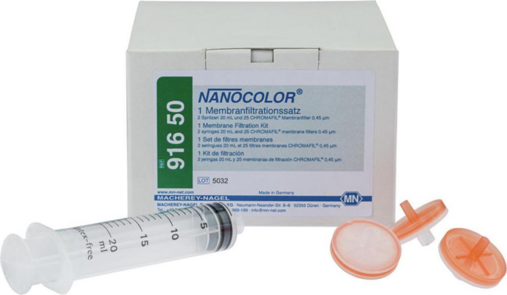 Membrane filtration set consisting of: 2 syringes 20ml, 2 cannulas u.25 CHROMAFIL membrane filters 0.45um