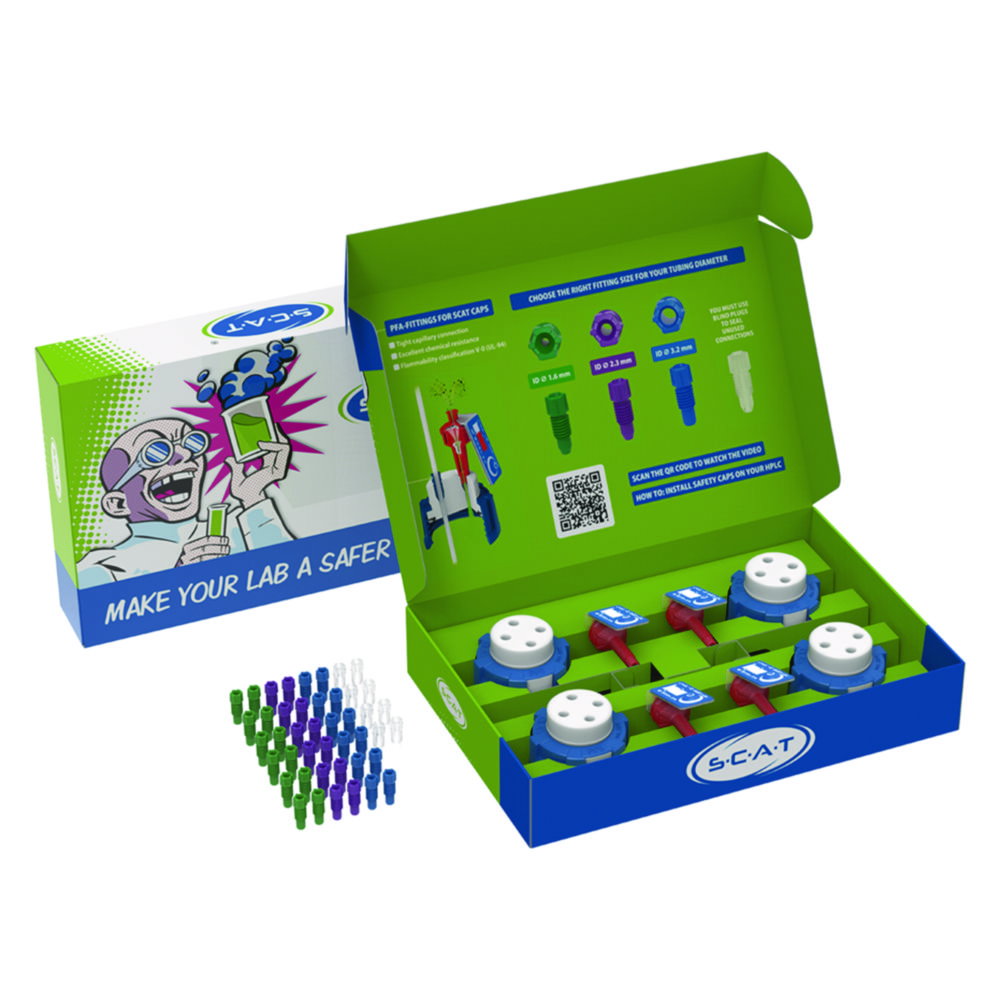 HPLC Starter Kit 3, V2.0: 4x SafetyCap III 8x blind plug, 12x fitting 1,6/2,3/3,2 mm, OD, 4x air valve