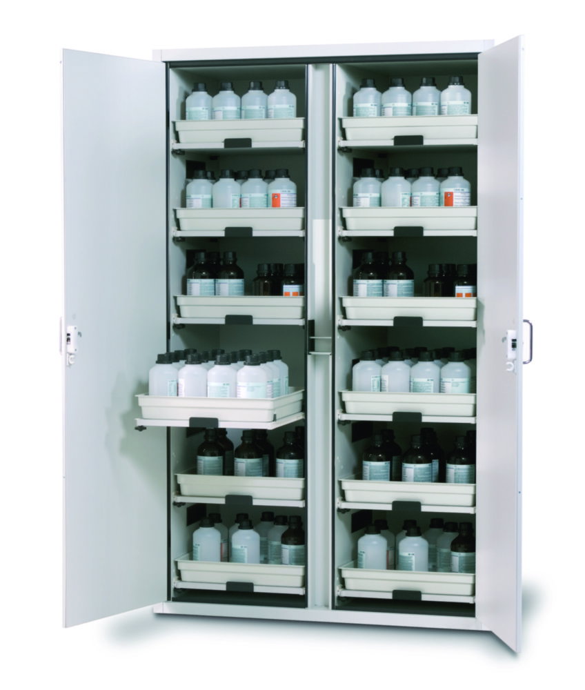 Acid-Base cabinet SL-CLASSIC MV.WD 1197 x 603 x 1965 mm (WxDxH), swing doors grey RAL 7035, 12 pull-out shelves with trays