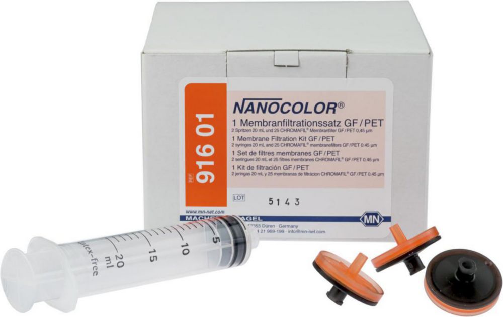 NANOCOLOR Membrane filtration kit GF/PET cons.of: 2 syringes 20ml, 25 CHROMAFIL membran filter GF/PET 0,45 µm