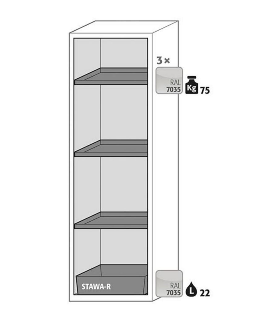 Saftey cabinet S-PHOENIX Vol.2-90 FDACL 596 x 616 x 1968 mm (WxDxH), folding door grey RAL 7035, 3 shelves,