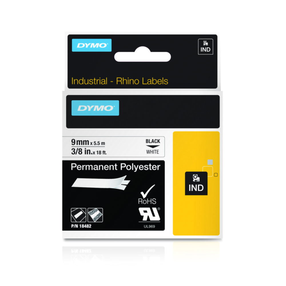 DYMO® Original IND-Tape for Rhino, 9mm x 5,5m, Permanent Polyester, black on white