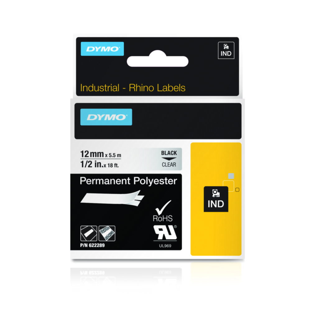 DYMO® Original IND-Tape for Rhino, 12mm x 5,5m, Permanent Polyester, black on clear