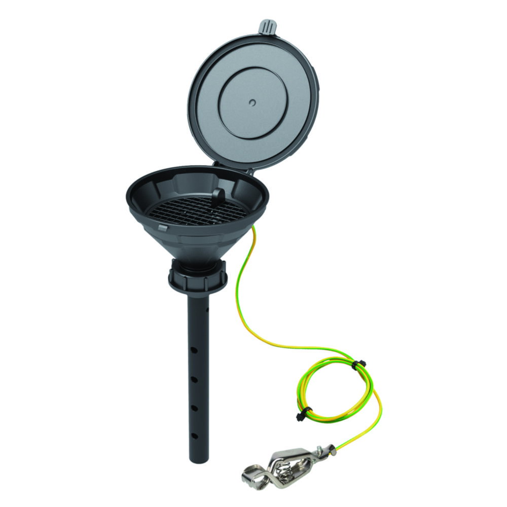 Funnel with lid "MARCO", V2.0, S55, 140 mm, PE-HD electrostatic conductive, w. lance 220 mm, with removable sieve and earthing cable